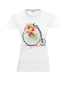 Biała damska koszulka z motywem kwiatów i retro rowera.