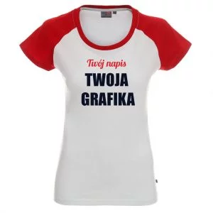 Koszulka z Twoim nadrukiem 1 damska biała z granatowymi lub czerwonymi rękawkami