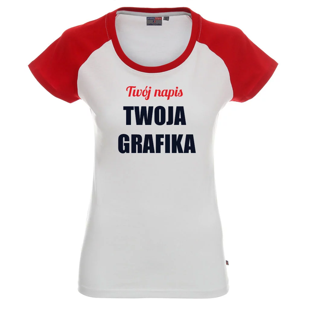 Koszulka z Twoim nadrukiem 1 damska biała z granatowymi lub czerwonymi rękawkami