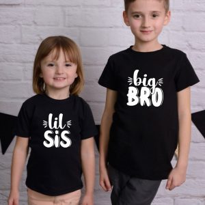 Komplet koszulek czarnych dla rodzeństwa z napisem lil sis i big bro