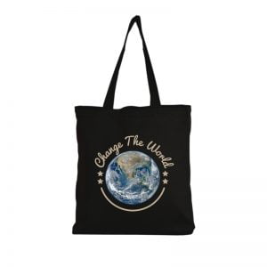 Torba czarna na zakupy z motywem kuli ziemskiej i napisem change the world