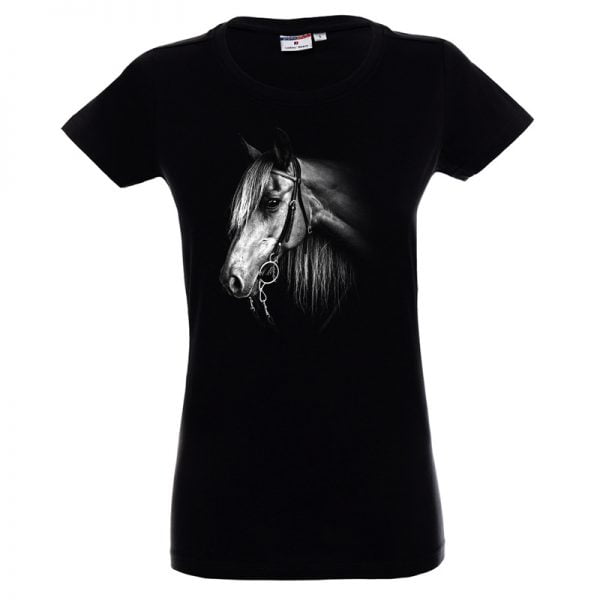 Czarna koszulka z motywem konia czarno białego