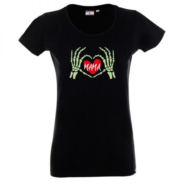 Czarna damska koszulka z dłoniami szkieleta tworzącymi serduszko.