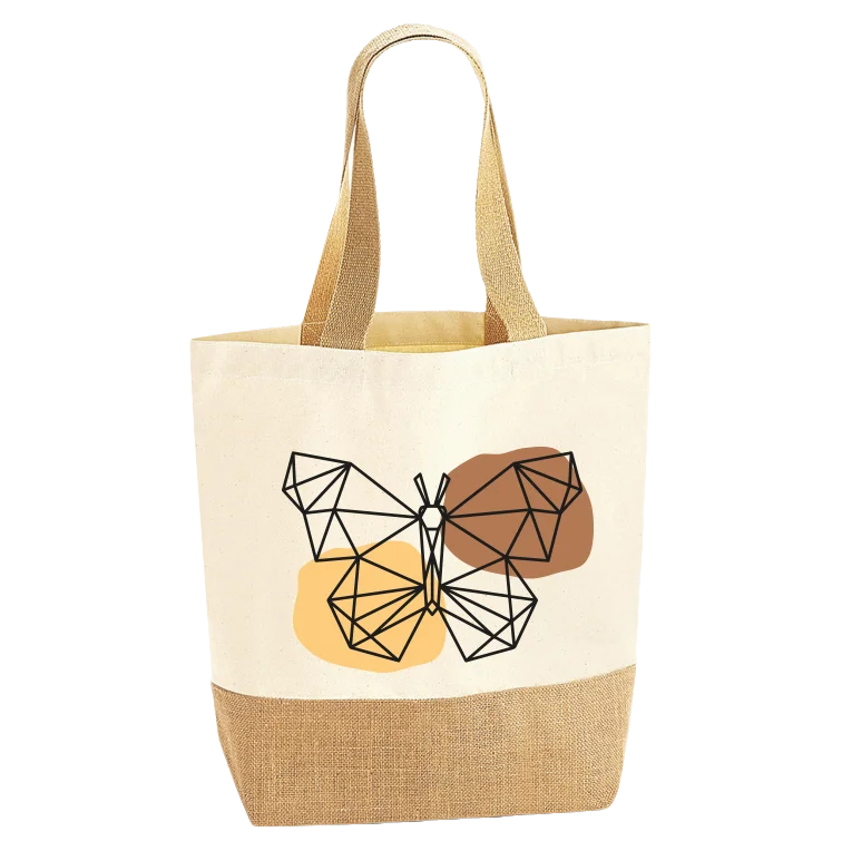 Torba bawełna-juta z nadrukiem motyla geometrycznego.