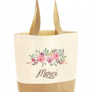 Merci torba z nadrukiem pięknego bukietu kwiatów i napisu