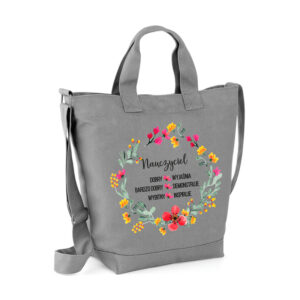 torba nauczyciel wybitny 2 szara bawełniana torba z kolorowymi kwiatami i cytatem